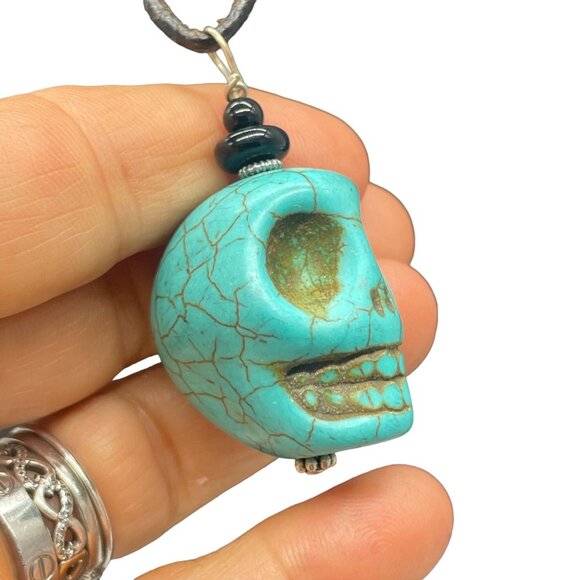 Blue Stone Skull Pendant Black Cord Necklace Halloween Biker Skeleton - Picture 5 of 7